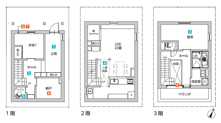 1階、2階、3階の部屋の平面図